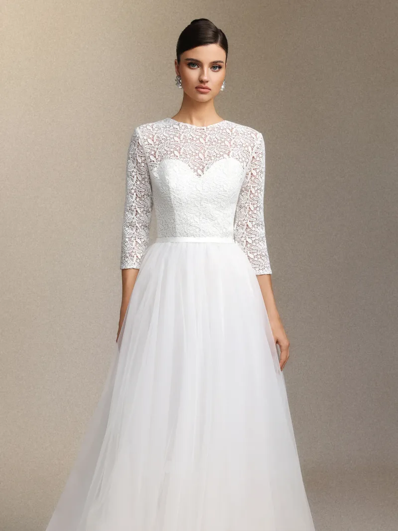Vestido de Noiva em Renda e Tule Manga Longa