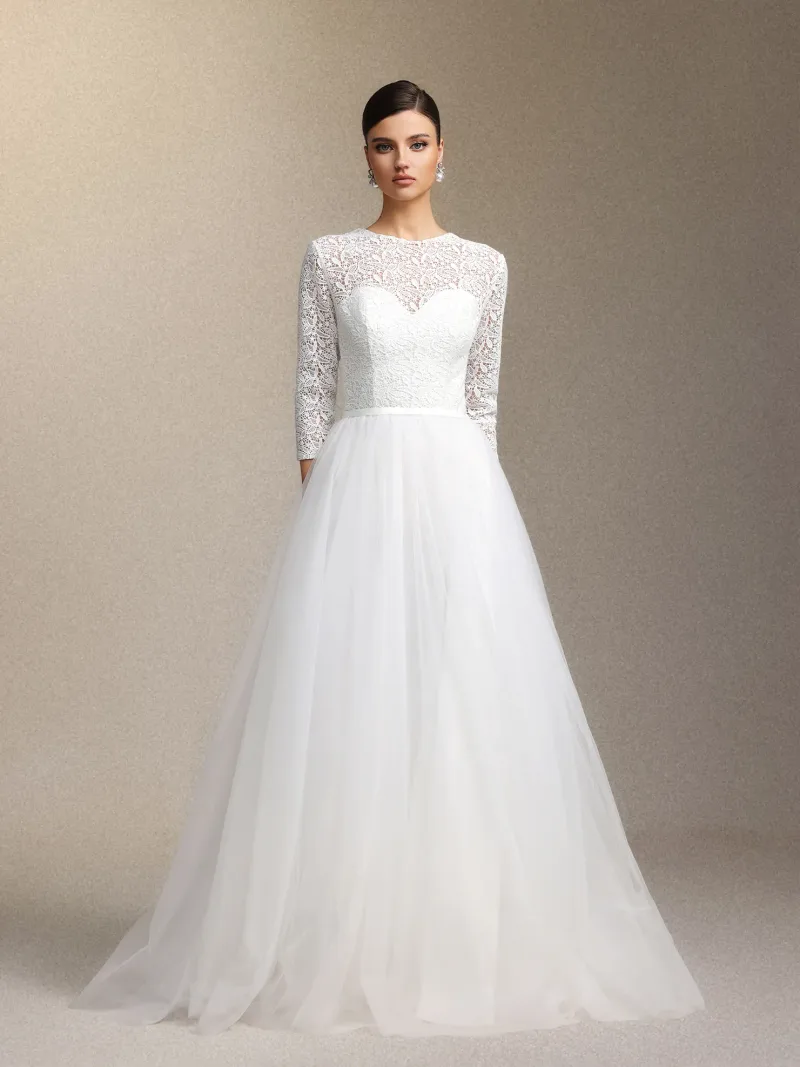 Vestido de Noiva em Renda e Tule Manga Longa
