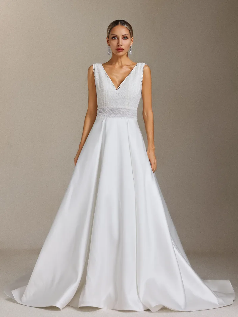 Vestido de Noiva Yalyka Decote Profundo Sem Mangas