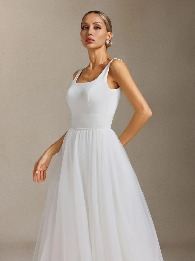 Vestido de Noiva Polasa Decote Quadrado em Dois Tons