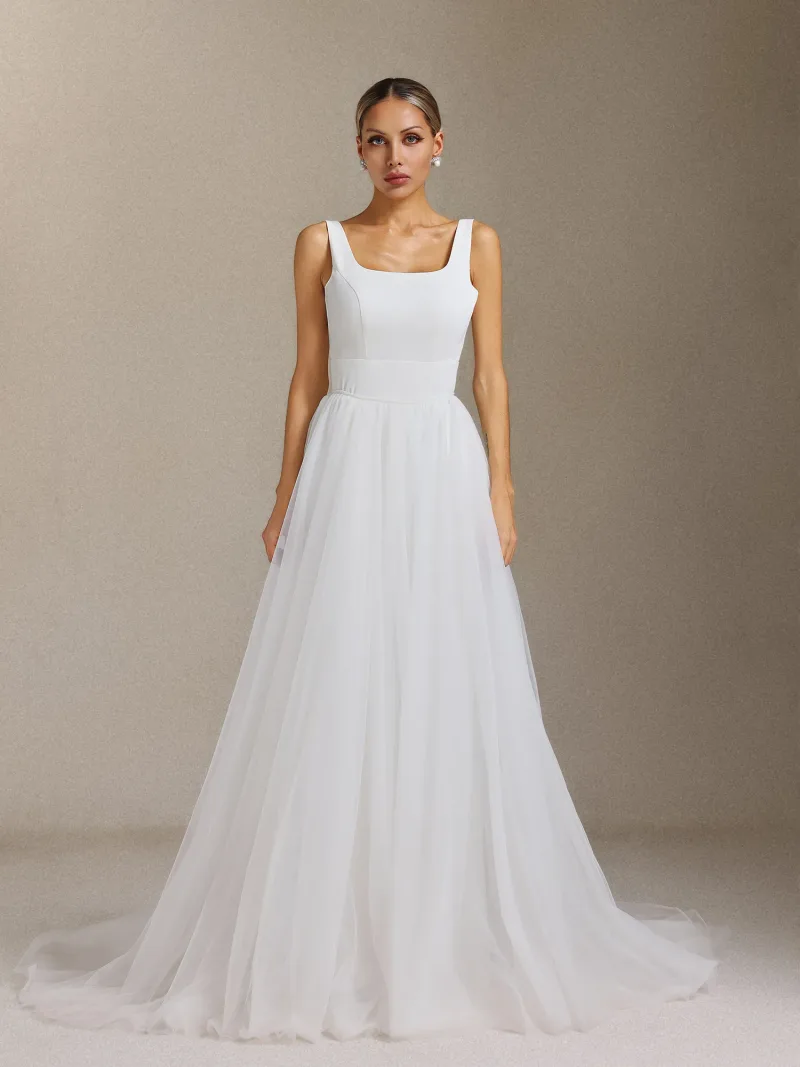 Vestido de Noiva Polasa Decote Quadrado em Dois Tons