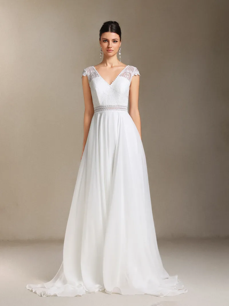Vestido de Noiva Eudora com Renda, Chiffon e Decote V