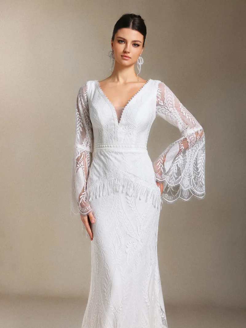 Vestido de Noiva Lexi com Renda Combinada, Manga Longa e Franja