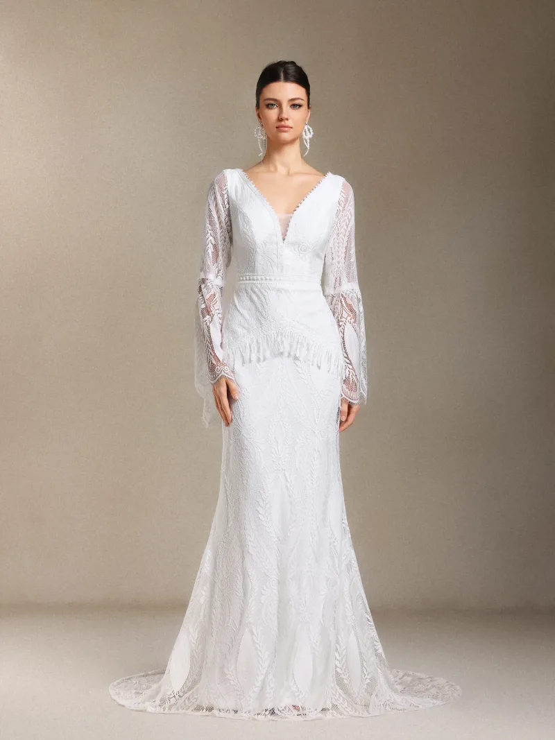 Vestido de Noiva Lexi com Renda Combinada, Manga Longa e Franja