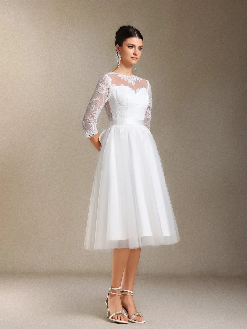 Vestido de Noiva Keeli com Manga Longa, Renda e Laço