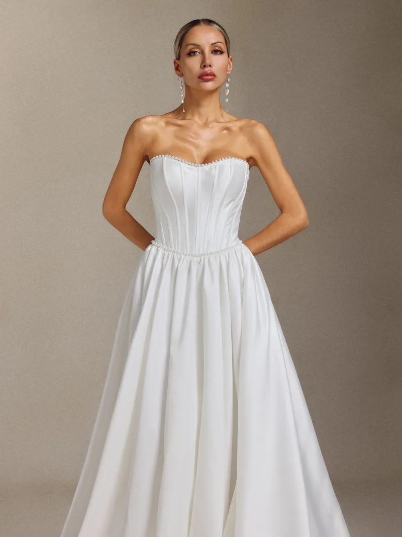 Vestido de Noiva Kasuni Maxi com Aplicações de Pérolas e Cauda