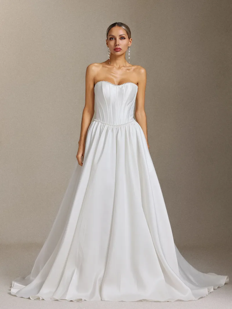 Vestido de Noiva Kasuni Maxi com Aplicações de Pérolas e Cauda