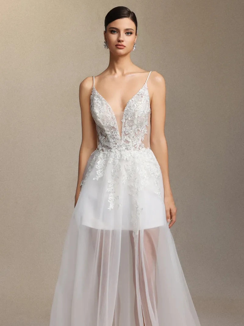 Vestido de Noiva Xaler Maxi com Decote em V e Tule