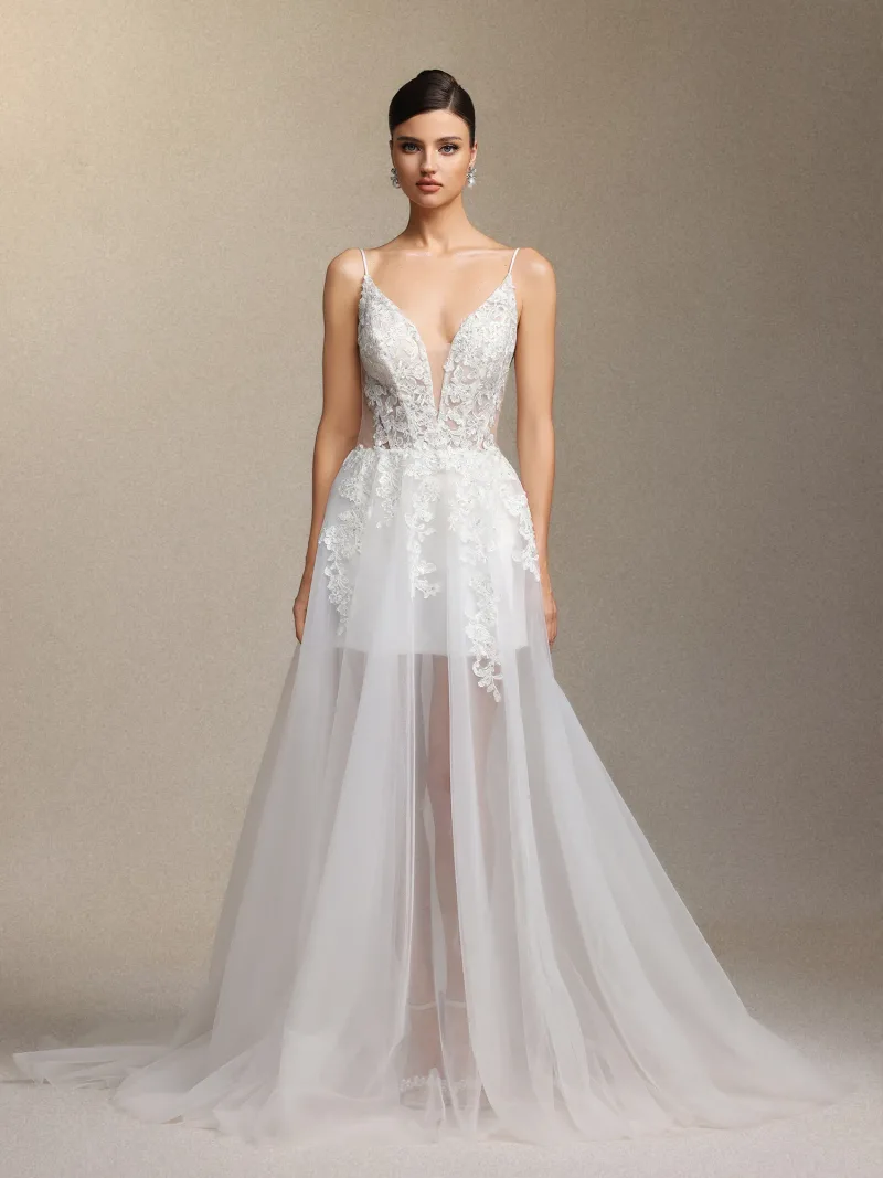 Vestido de Noiva Xaler Maxi com Decote em V e Tule