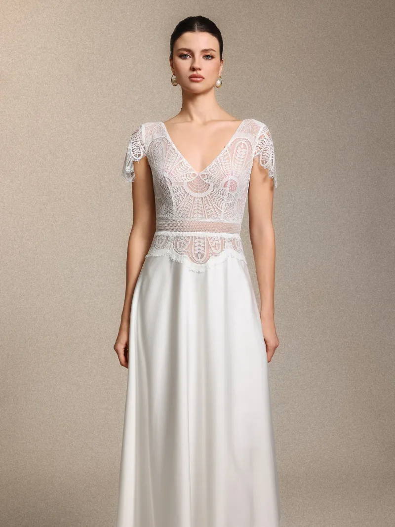 Vestido de Noiva Naira Boho Decote V Cintura Marcada em Renda e Cetim Branco