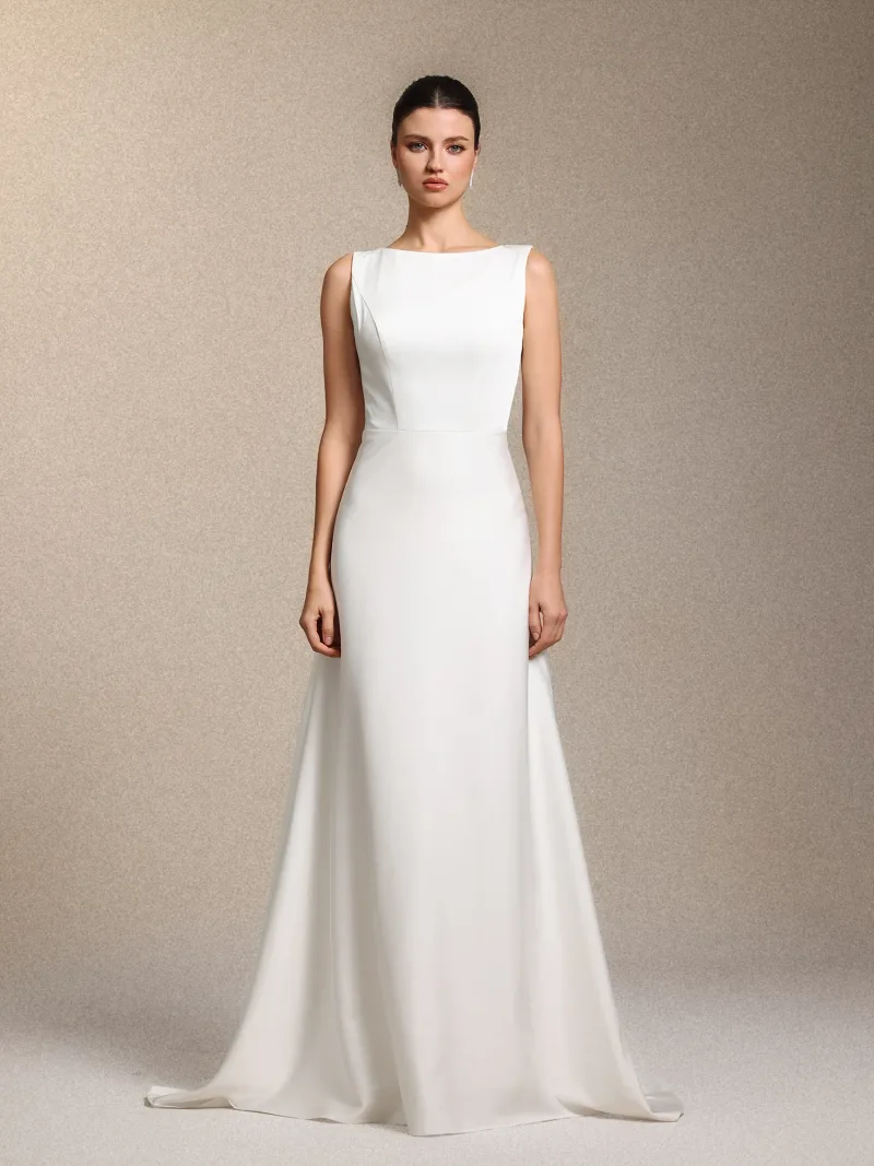 Vestido de Noiva Nanci Clássico Sem Mangas Costas Nuas em Cetim Branco com Cauda