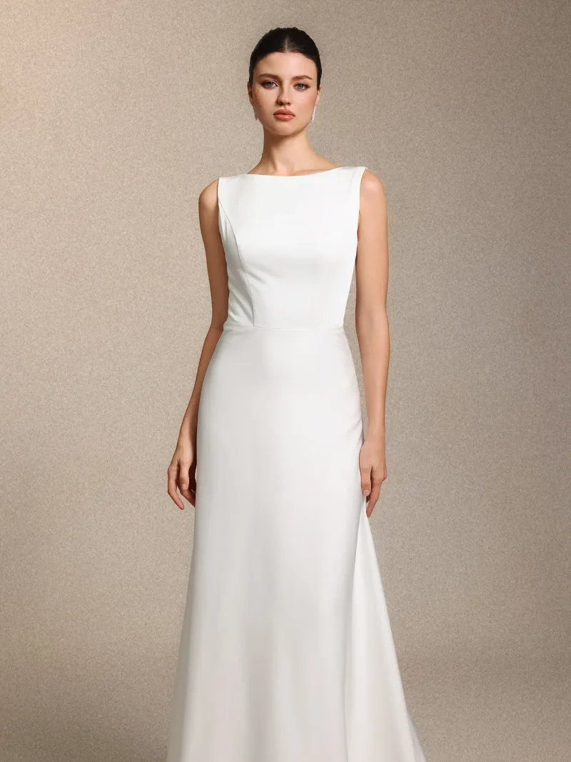 Vestido de Noiva Nanci Clássico Sem Mangas Costas Nuas em Cetim Branco com Cauda
