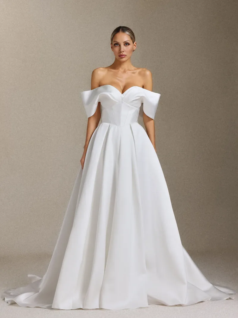Vestido de Noiva Molia Ombro a Ombro Plissado com Cauda