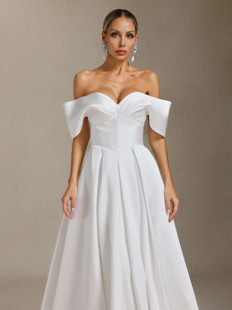 Vestido de Noiva Molia Ombro a Ombro Plissado com Cauda