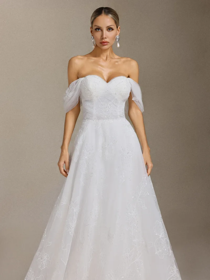 Vestido de Noiva Liama Maxi com Renda Floral e Ombro a Ombro