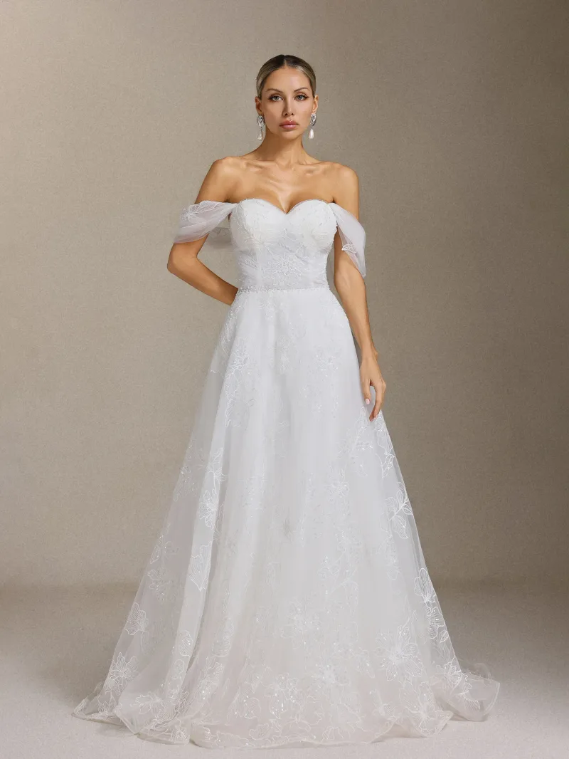 Vestido de Noiva Liama Maxi com Renda Floral e Ombro a Ombro