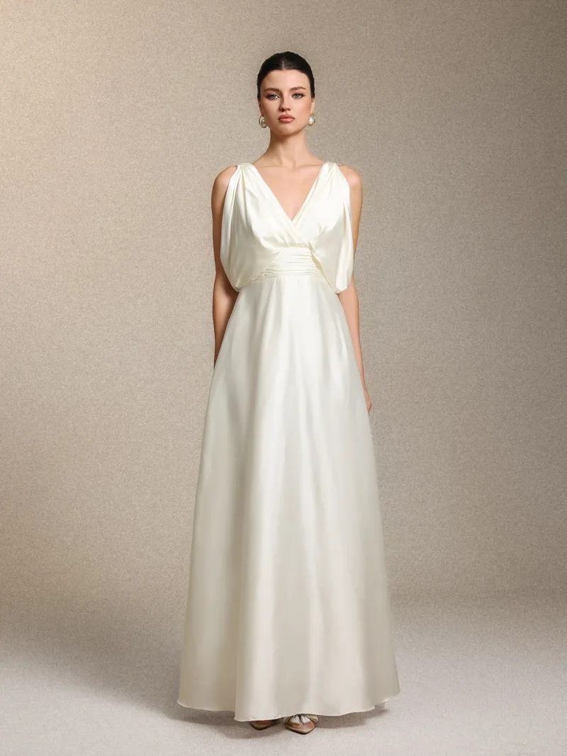 Vestido Maxi Heleza em Cetim, Decote em V e Franzidos