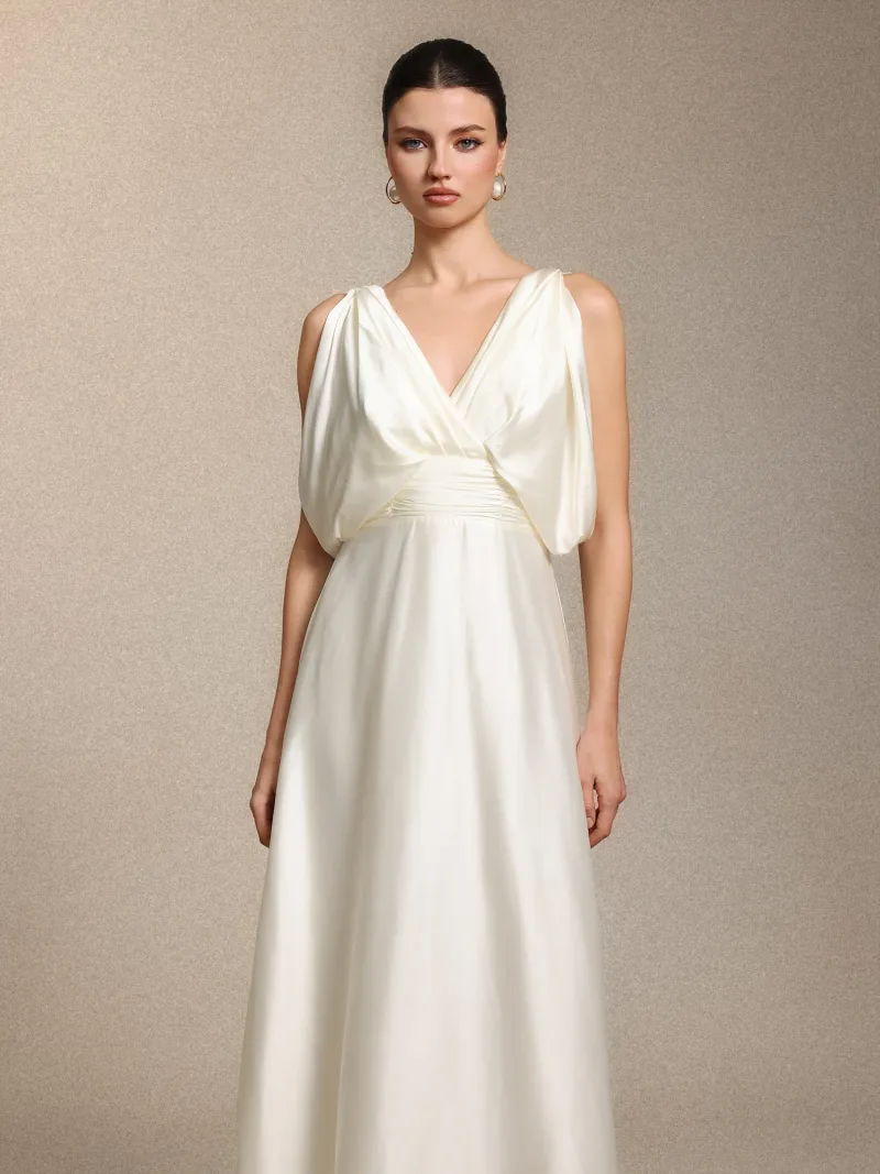 Vestido Maxi Heleza em Cetim, Decote em V e Franzidos