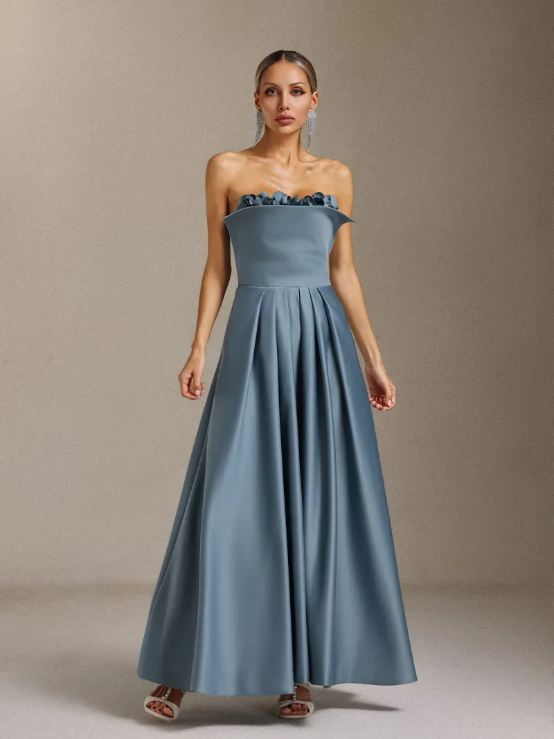 Vestido Maxi Elysande com Decote Tomara que Caia, Pregas e Florais Tridimensionais