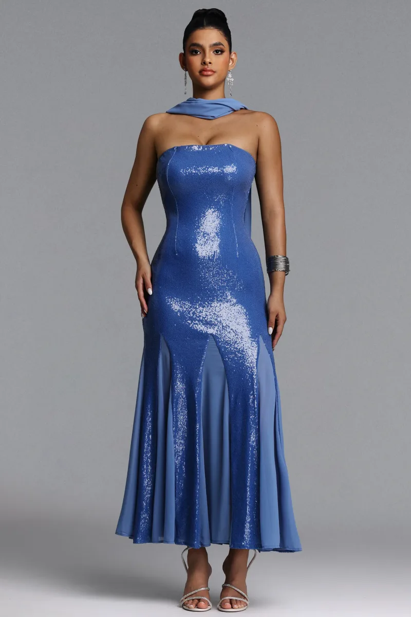 Vestido Maxi Mary com Paetês e Detalhe Lenço sem Alças