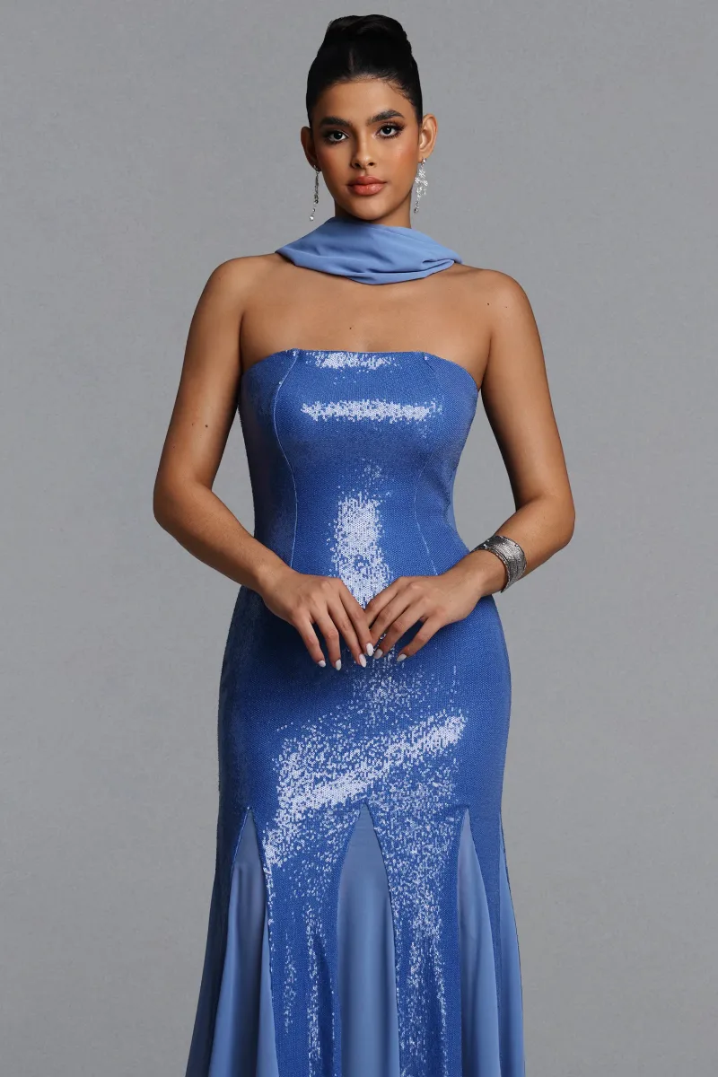 Vestido Maxi Mary com Paetês e Detalhe Lenço sem Alças