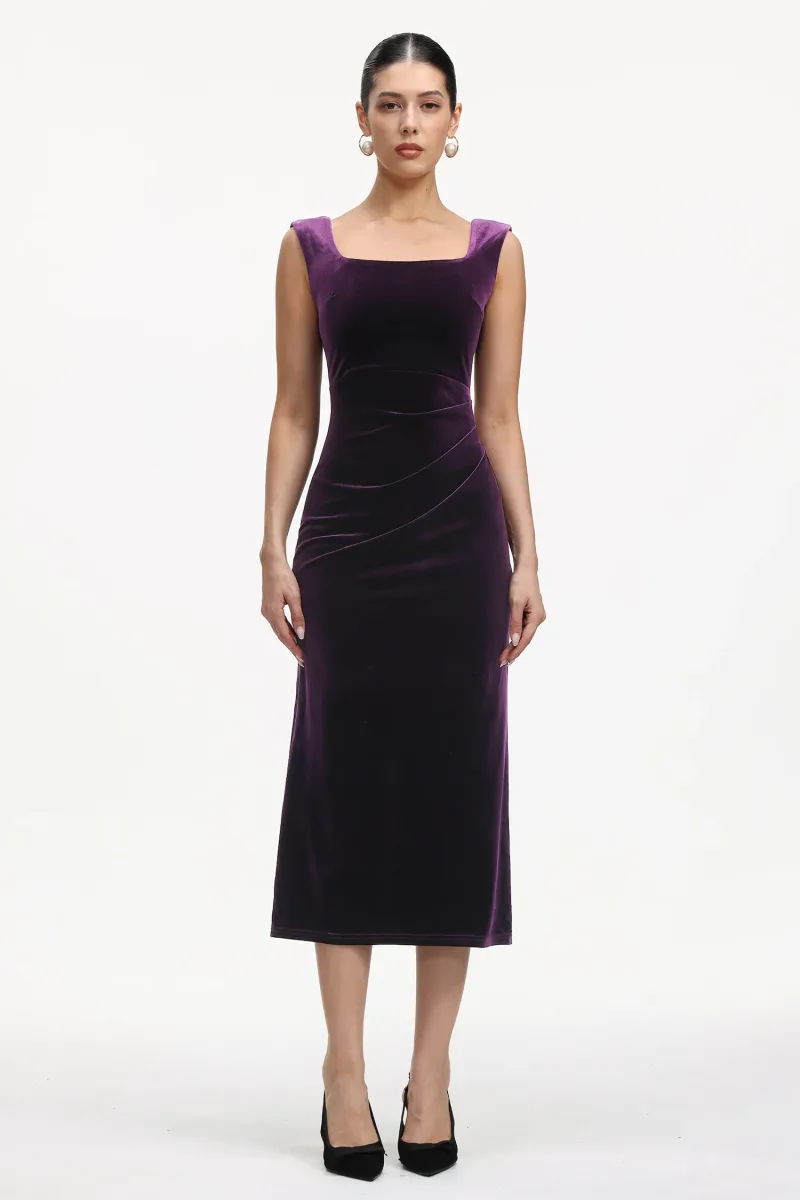 Vestido Maxi Lilac com Pregas em Veludo