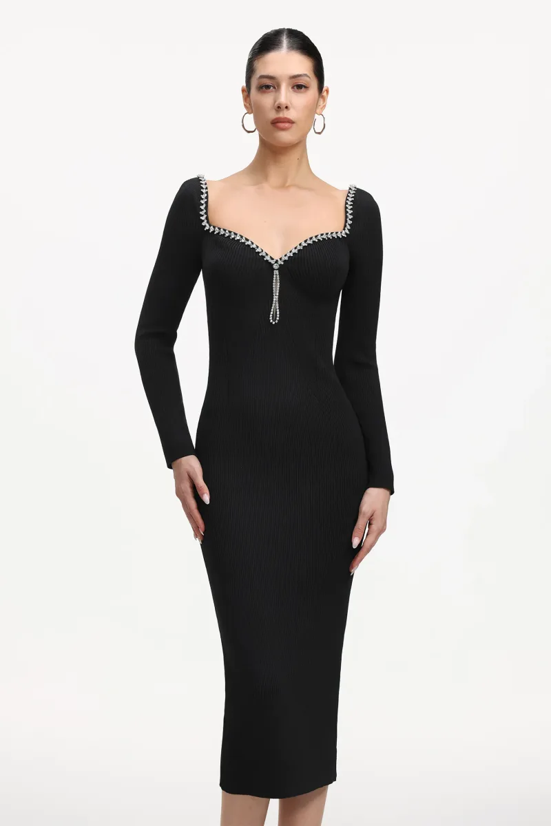 Vestido Maxi Dazie com Strass e Manga Longa em Tricô