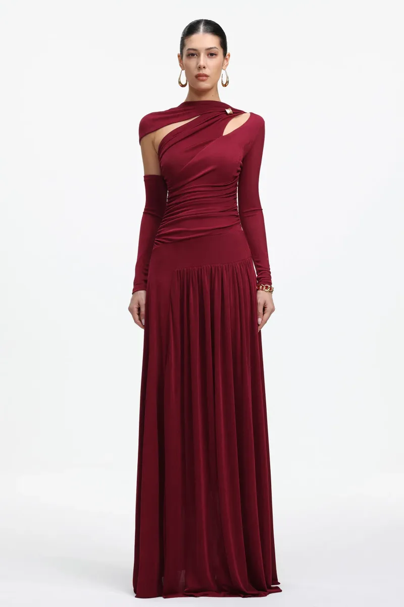 Vestido Maxi Yetta com Decote Vazado e Manga Longa