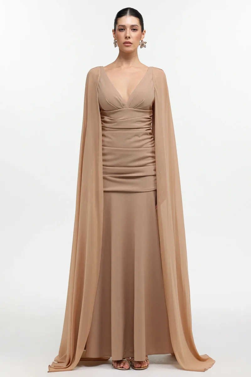 Vestido Maxi Tessy com Decote V e Mangas de Tule
