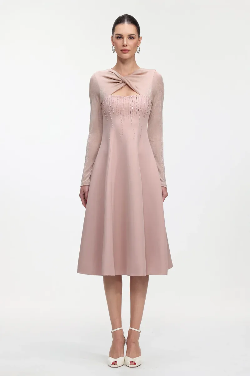 Vestido Maxi Liama em Trama Cristalizada Manga Longa
