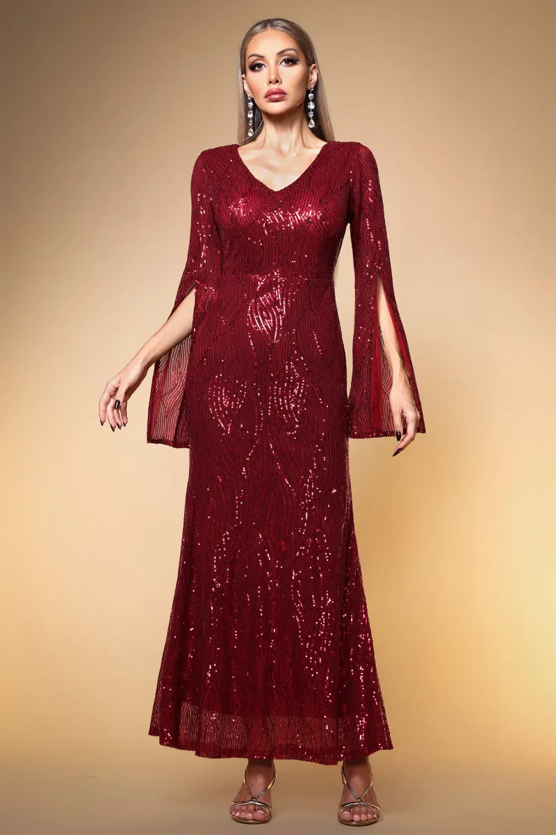 Vestido Maxi Kamaria em Paetê Vermelho Manga Capa