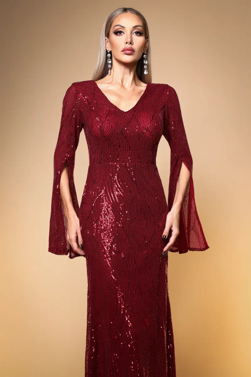 Vestido Maxi Kamaria em Paetê Vermelho Manga Capa