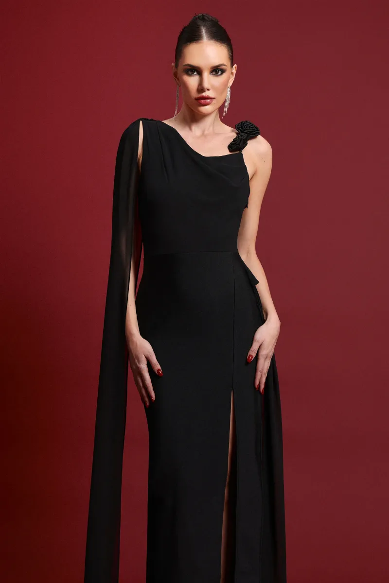Vestido Maxi Liviya em Bandagem Assimétrica Gola Caxemira