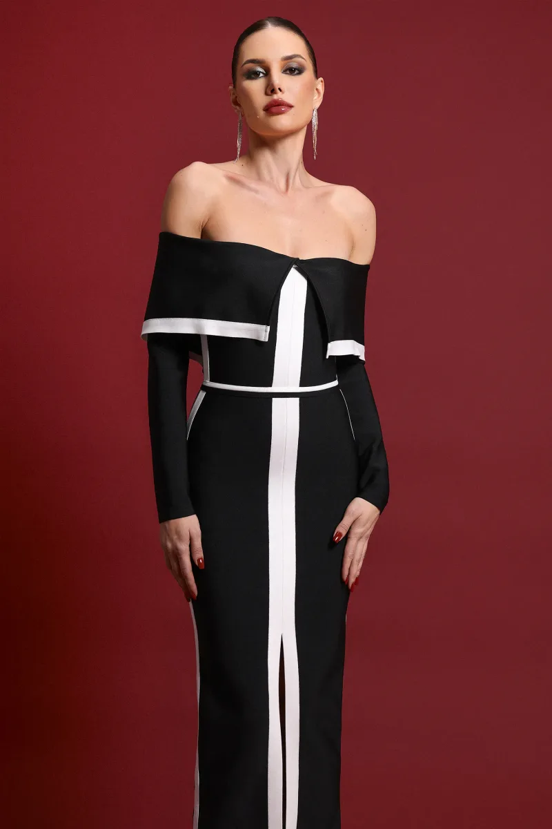 Vestido Maxi Samiya com Ombros à Mostra e Manga Longa