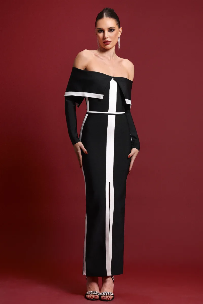 Vestido Maxi Samiya com Ombros à Mostra e Manga Longa