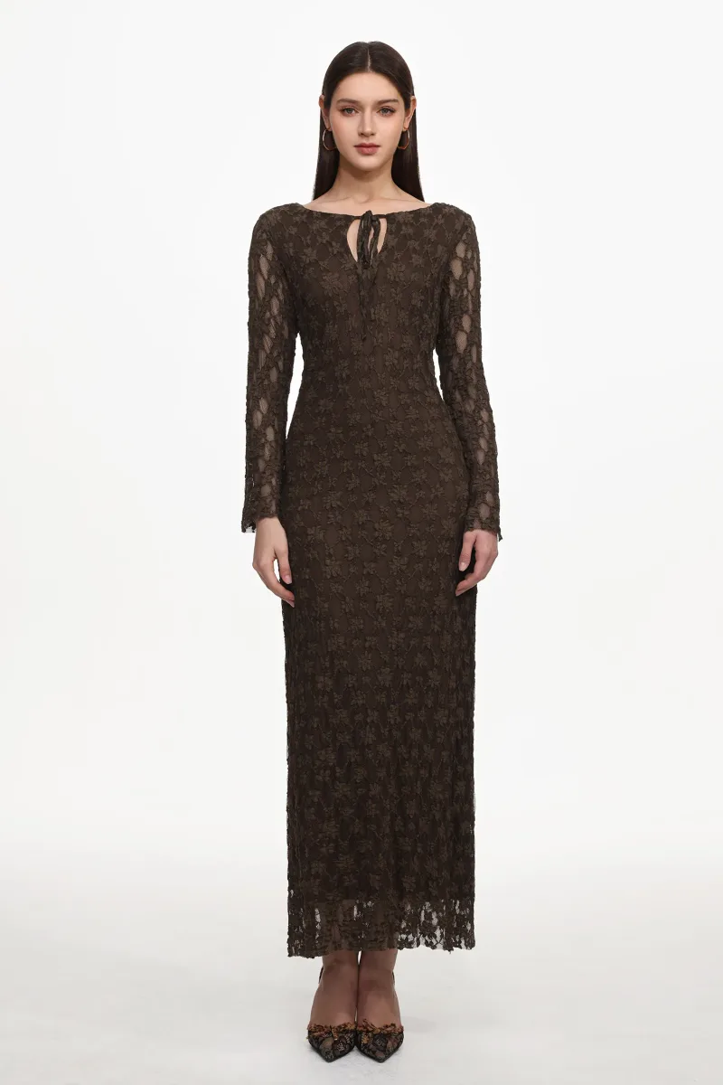 Vestido Maxi Kyli com Renda e Manga Longa