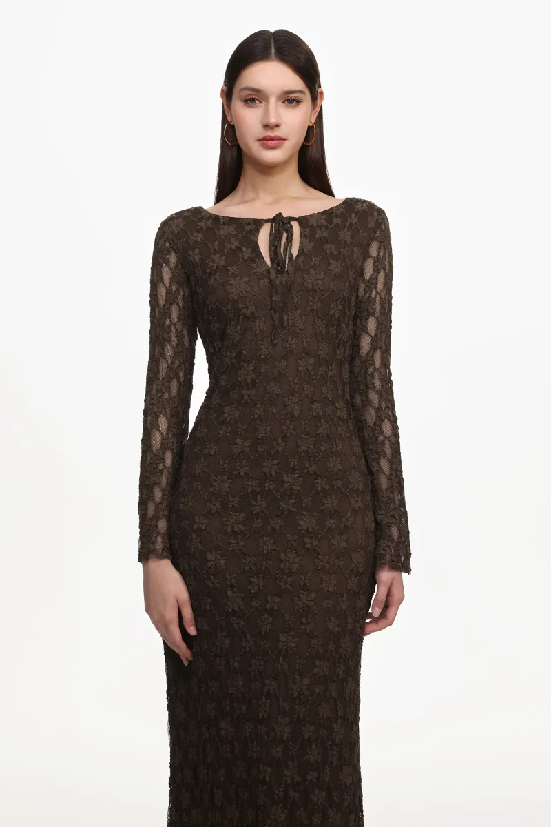 Vestido Maxi Kyli com Renda e Manga Longa