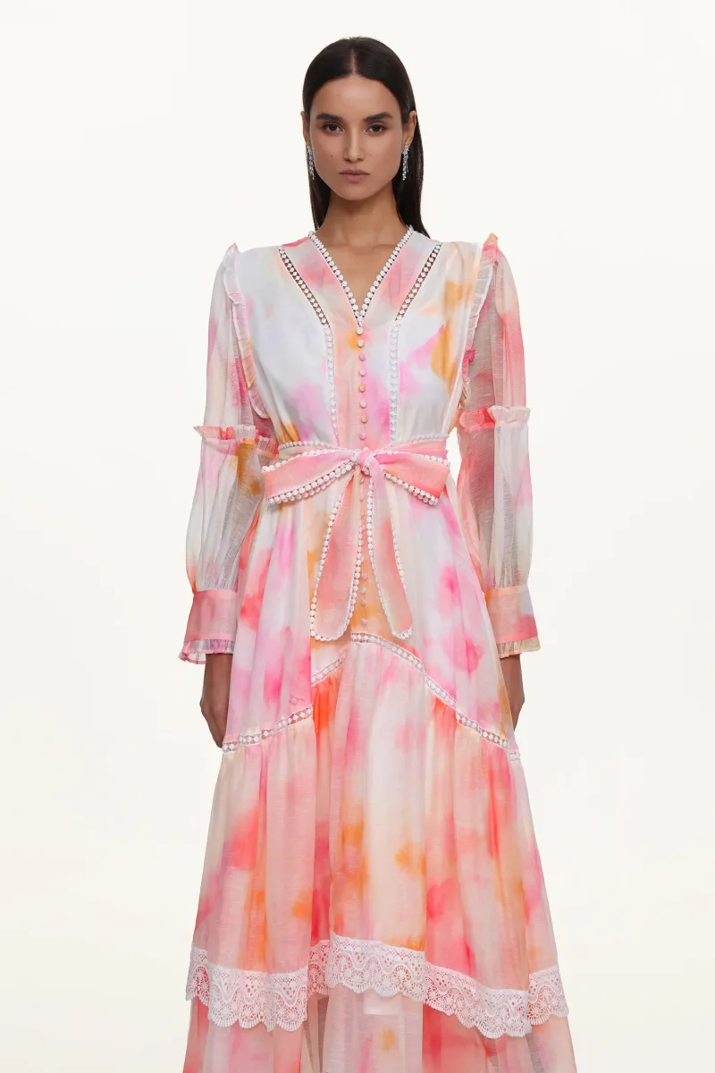 Vestido Natalya Resort com Renda e Estampa Abstrata