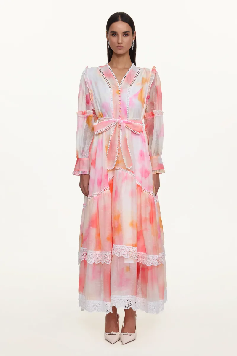 Vestido Natalya Resort com Renda e Estampa Abstrata