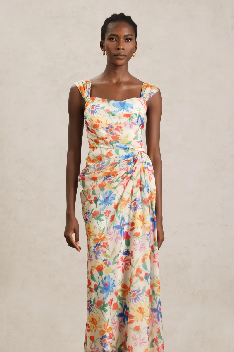 Vestido Midi Soloma com Pregas e Estampa Floral
