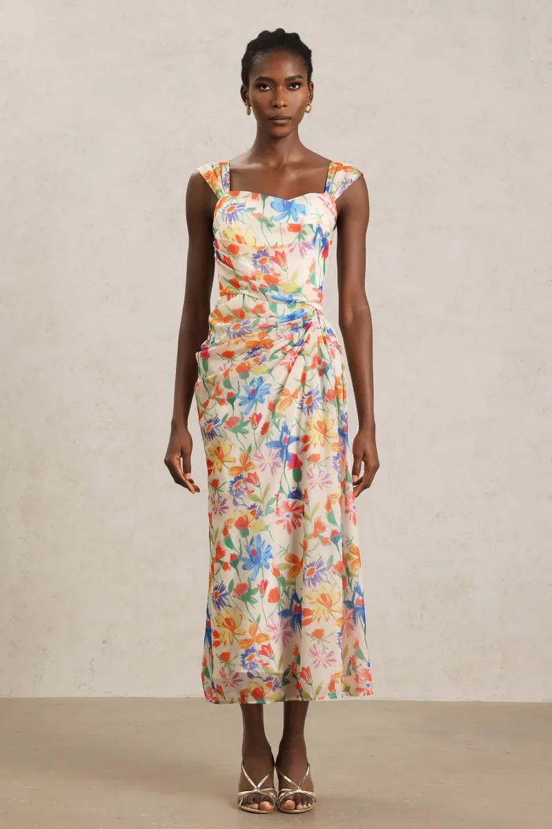 Vestido Midi Soloma com Pregas e Estampa Floral