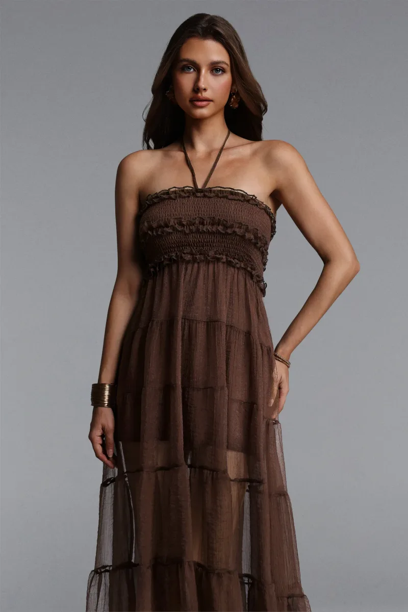 Vestido Nadine Resort Fluido Sem Mangas com Babado e Tule