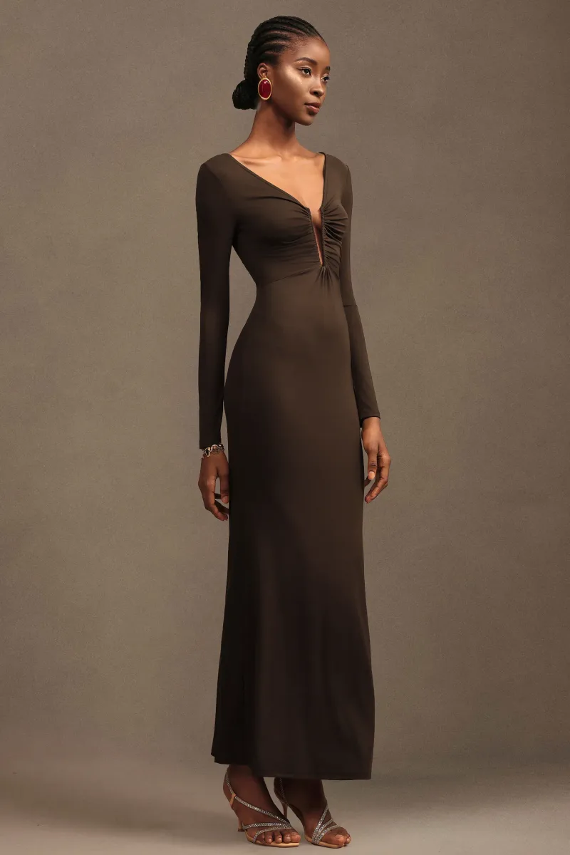 Vestido Maxi Iana Manga Longa Decote V com Franzido