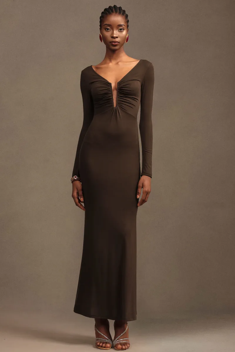 Vestido Maxi Iana Manga Longa Decote V com Franzido
