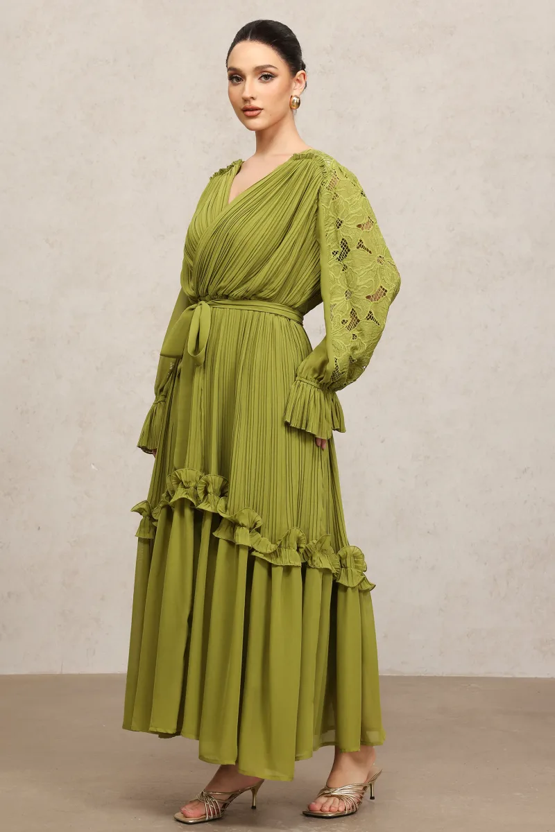 Vestido Maxi Gaki Manga Longa com Flores e Drapeado