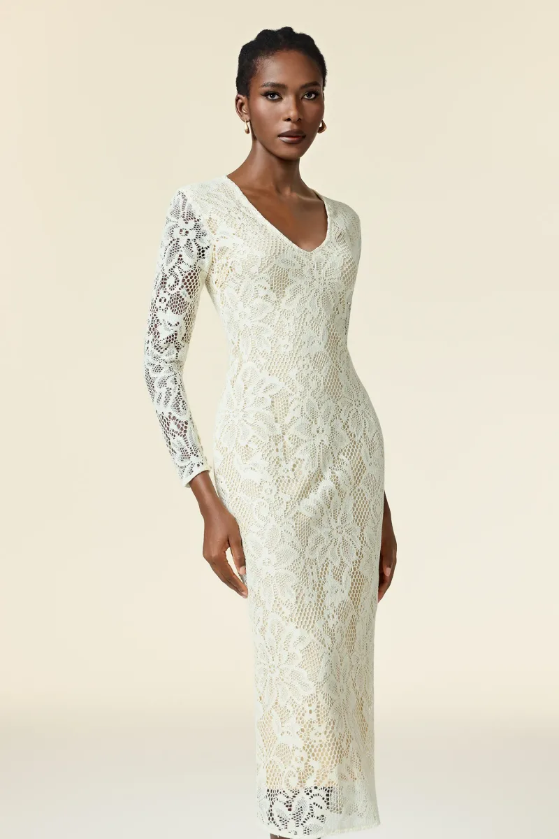 Vestido Maxi Klaria Gola em V Manga Longa com Bordado