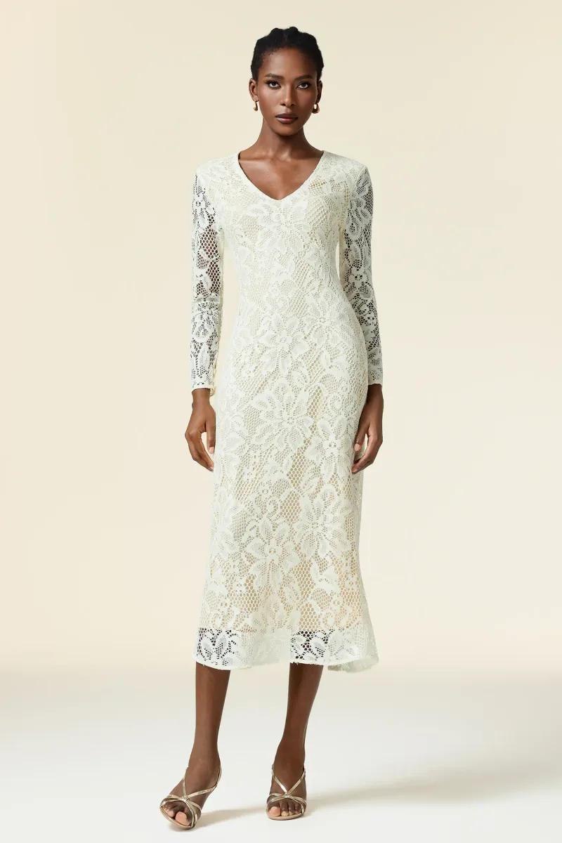 Vestido Maxi Klaria Gola em V Manga Longa com Bordado