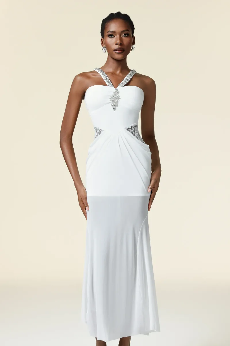 Vestido Maxi Kaona sem Mangas com Pregas em Losango