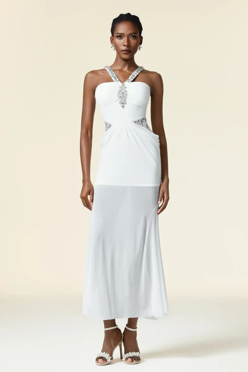 Vestido Maxi Kaona sem Mangas com Pregas em Losango