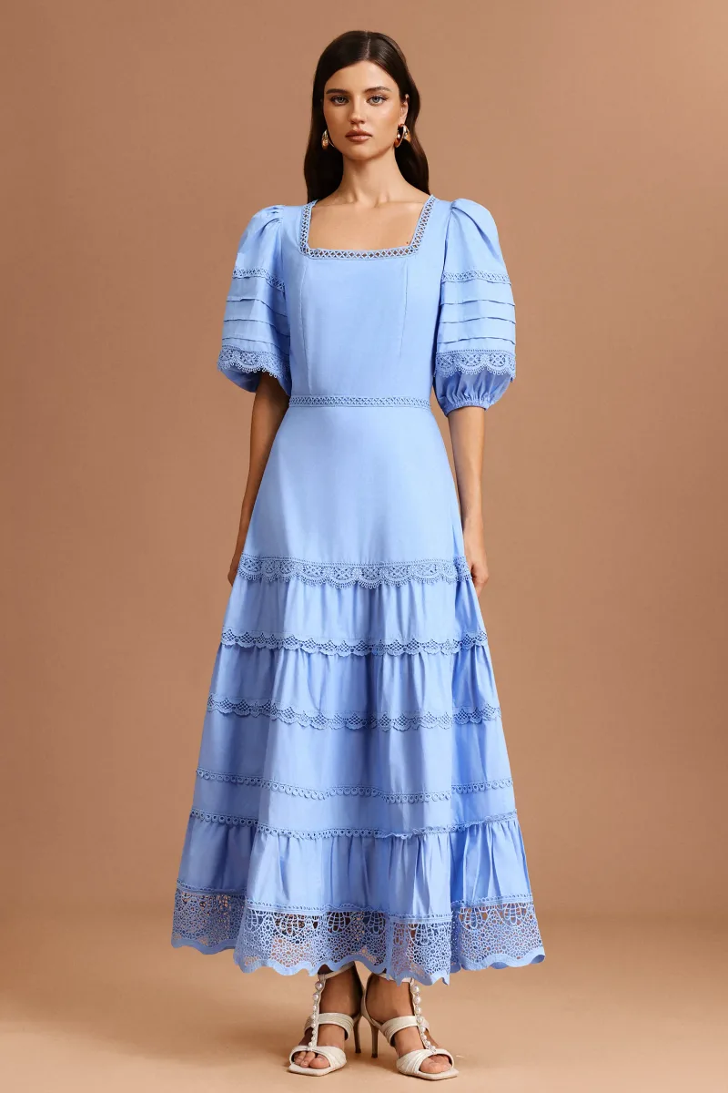 Vestido Maxi Erise Gola Quadrada Mangas Bufantes com Renda